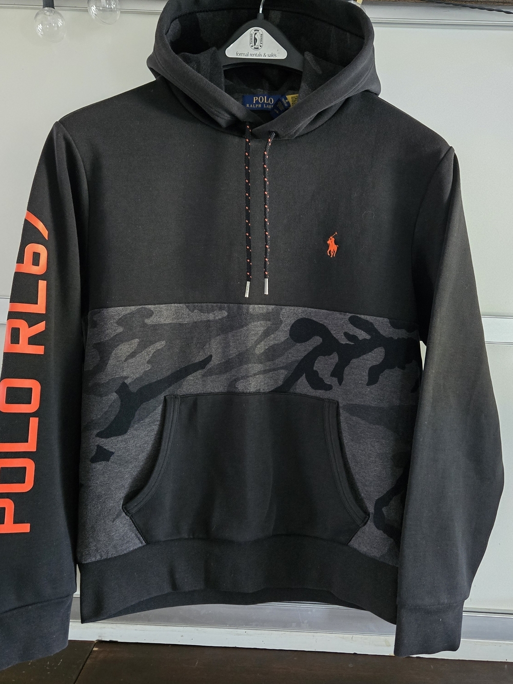 Polo Ralph Lauren Camo Hoodie Men S/SP Black Gray Double Knit RL67 Orange Logo
